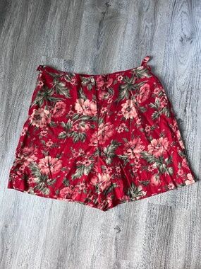 Vintage Ralph Lauren Women's 100% Linen Floral Print Shorts Size 18w Red EUC
